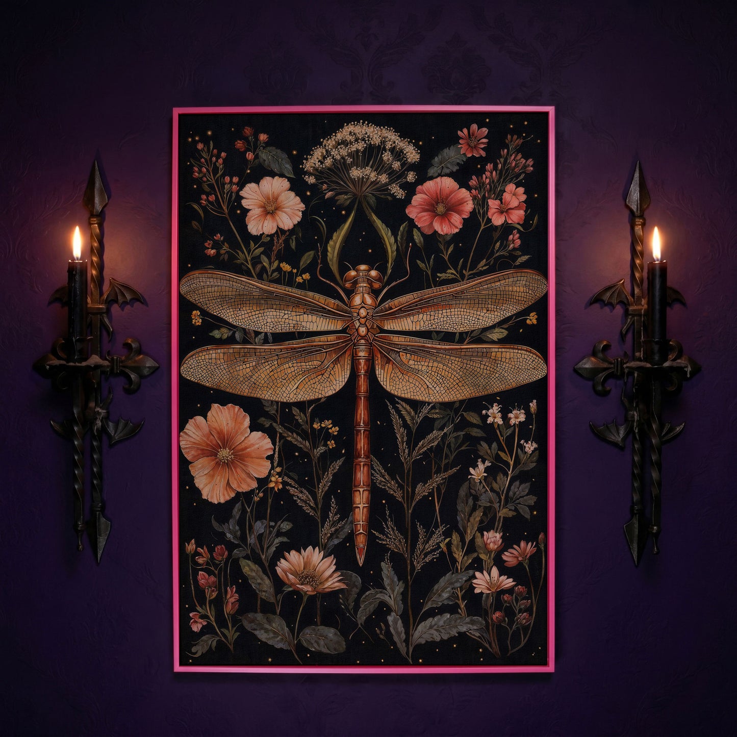 Dragonfly and Floral Botanical Canvas in pink floating frame