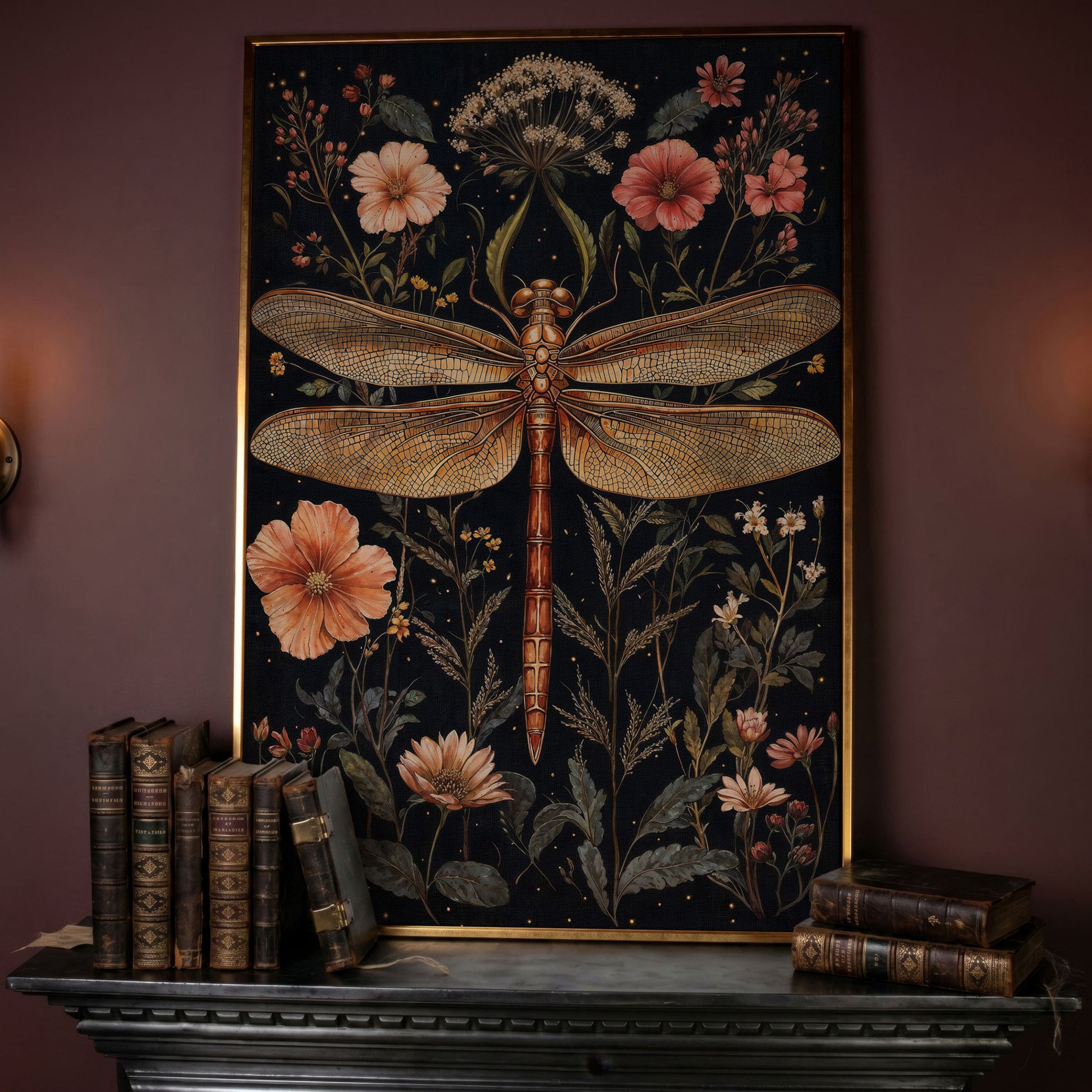 Dragonfly and Floral Botanical Canvas in rose gold floating frame