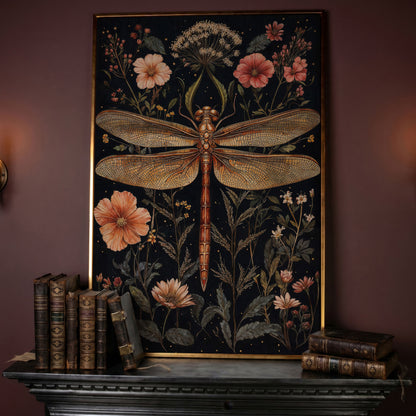 Dragonfly and Floral Botanical Canvas in rose gold floating frame