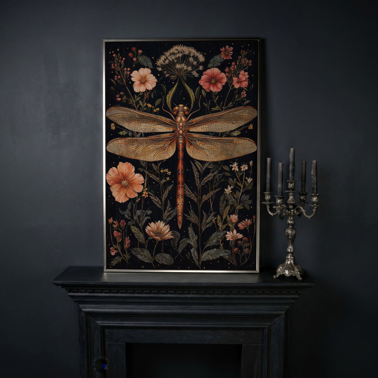 Dragonfly and Floral Botanical Canvas in silver floating frame