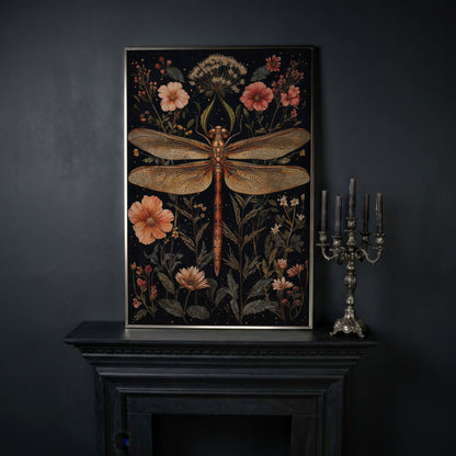 Dragonfly and Floral Botanical Canvas in silver floating frame