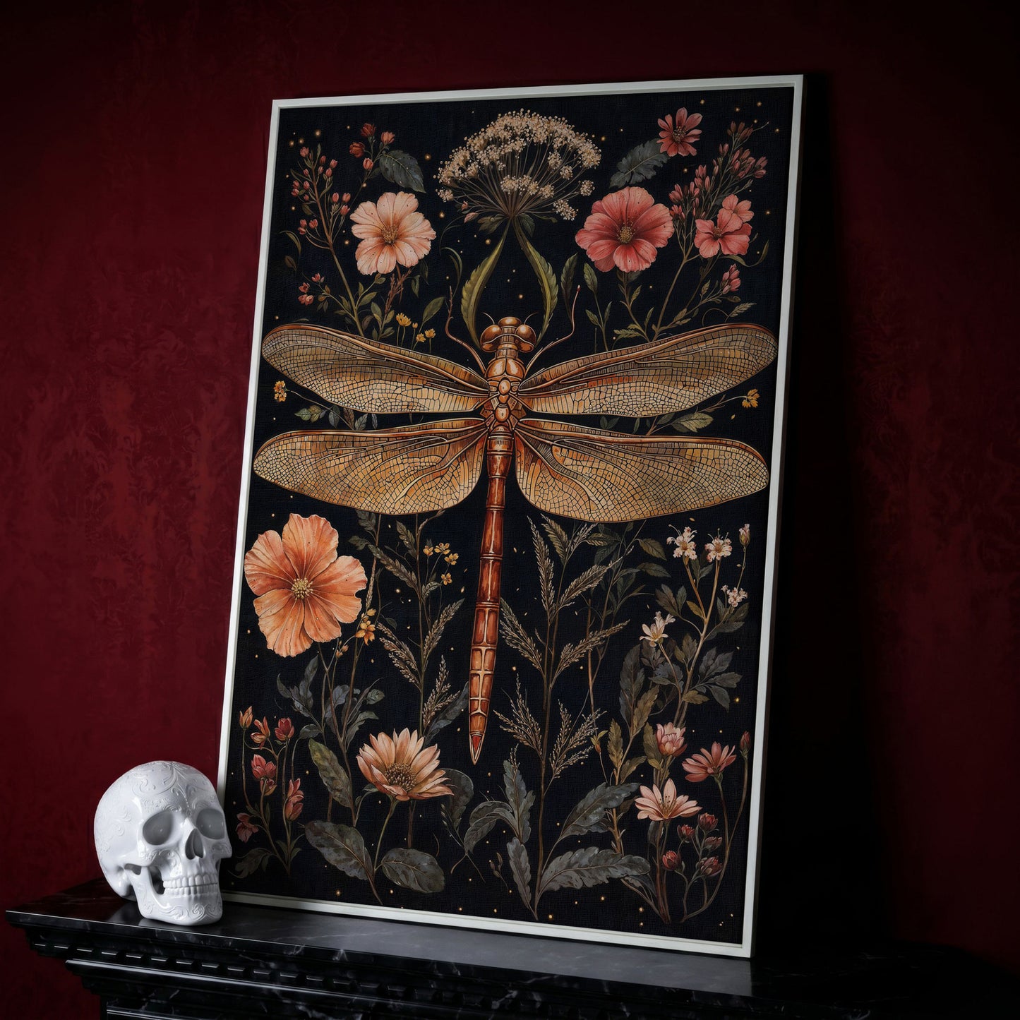 Dragonfly and Floral Botanical Canvas in white floating frame