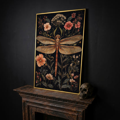 Dragonfly and Floral Botanical Canvas in yellow gold floating frame