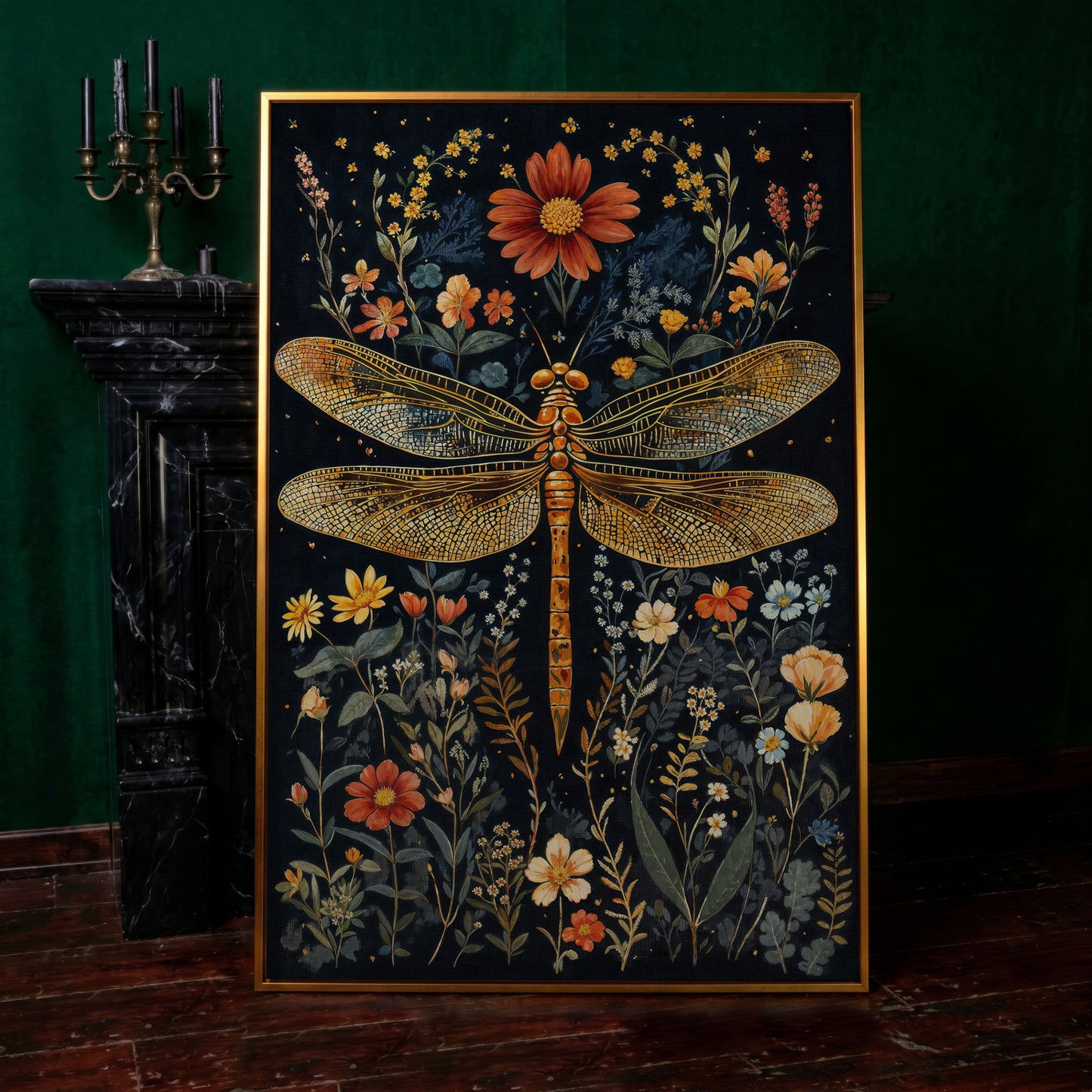 Vibrant Dragonfly Botanical Canvas in antique gold floating frame