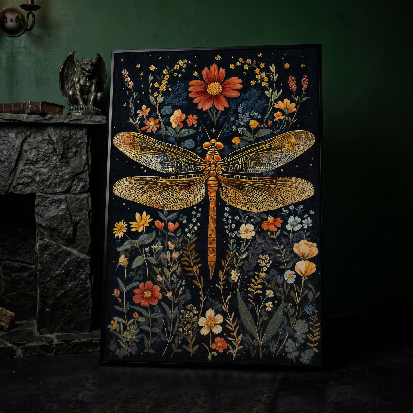 Vibrant Dragonfly Botanical Canvas in black floating frame