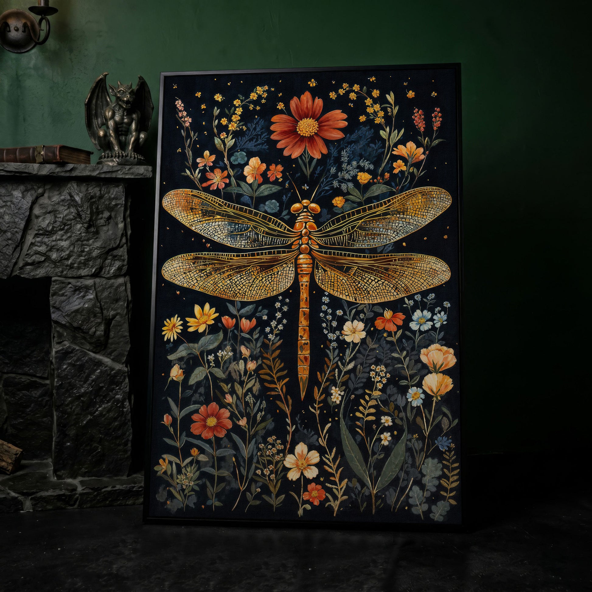 Vibrant Dragonfly Botanical Canvas in black floating frame