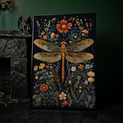 Vibrant Dragonfly Botanical Canvas in black floating frame