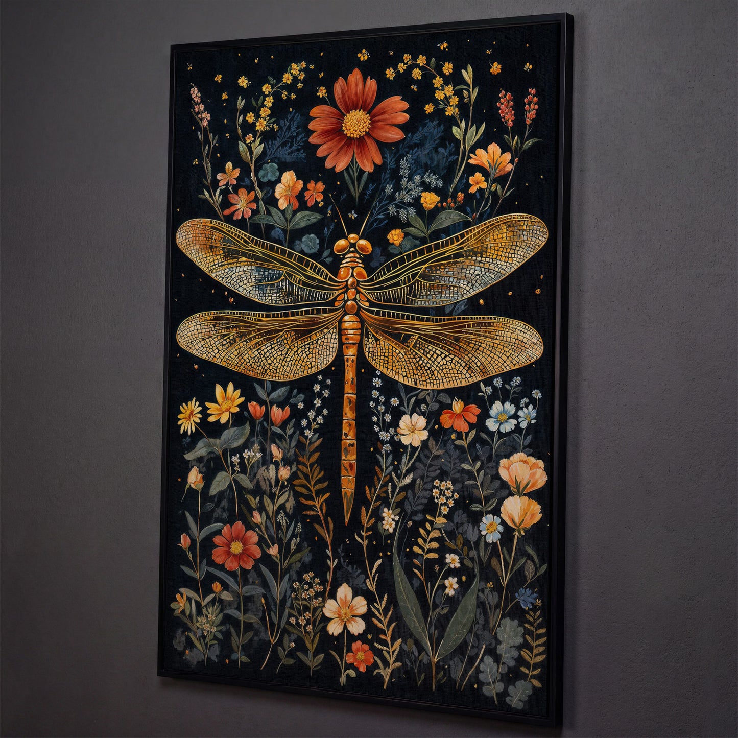 Vibrant Dragonfly Botanical Canvas shown in black floating frame