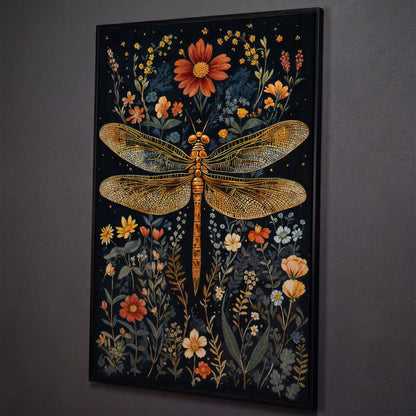 Vibrant Dragonfly Botanical Canvas shown in black floating frame