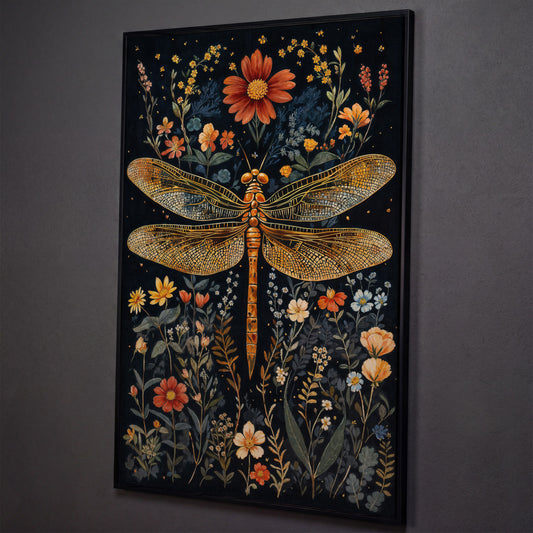 Vibrant Dragonfly Botanical Canvas shown in black floating frame