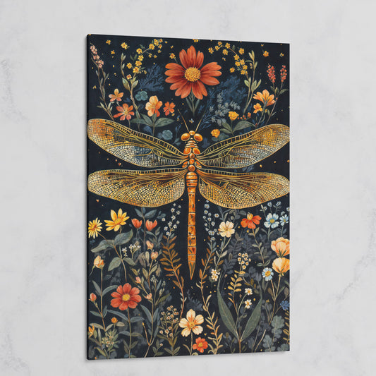 Vibrant Dragonfly Botanical Canvas on gallery wrap