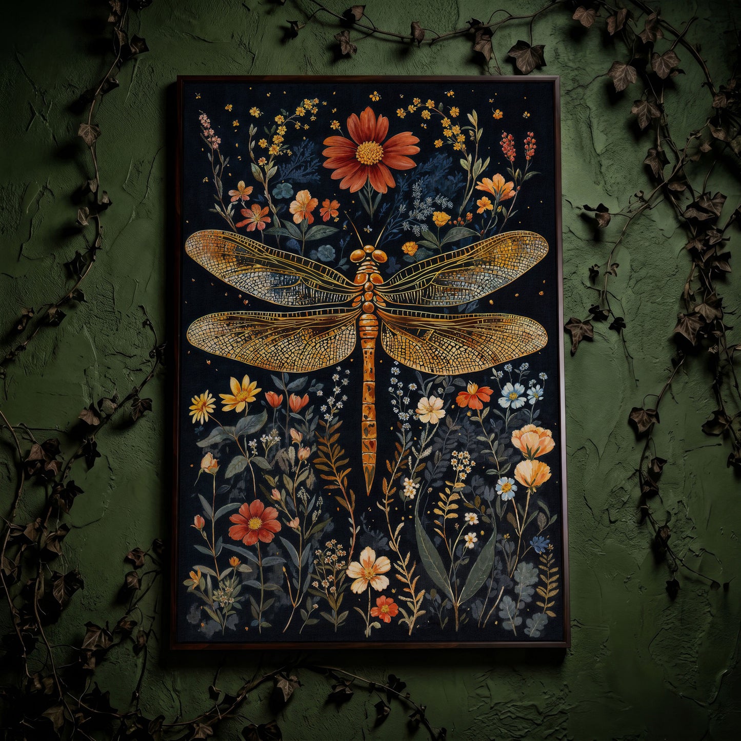 Vibrant Dragonfly Botanical Canvas in dark walnut floating frame