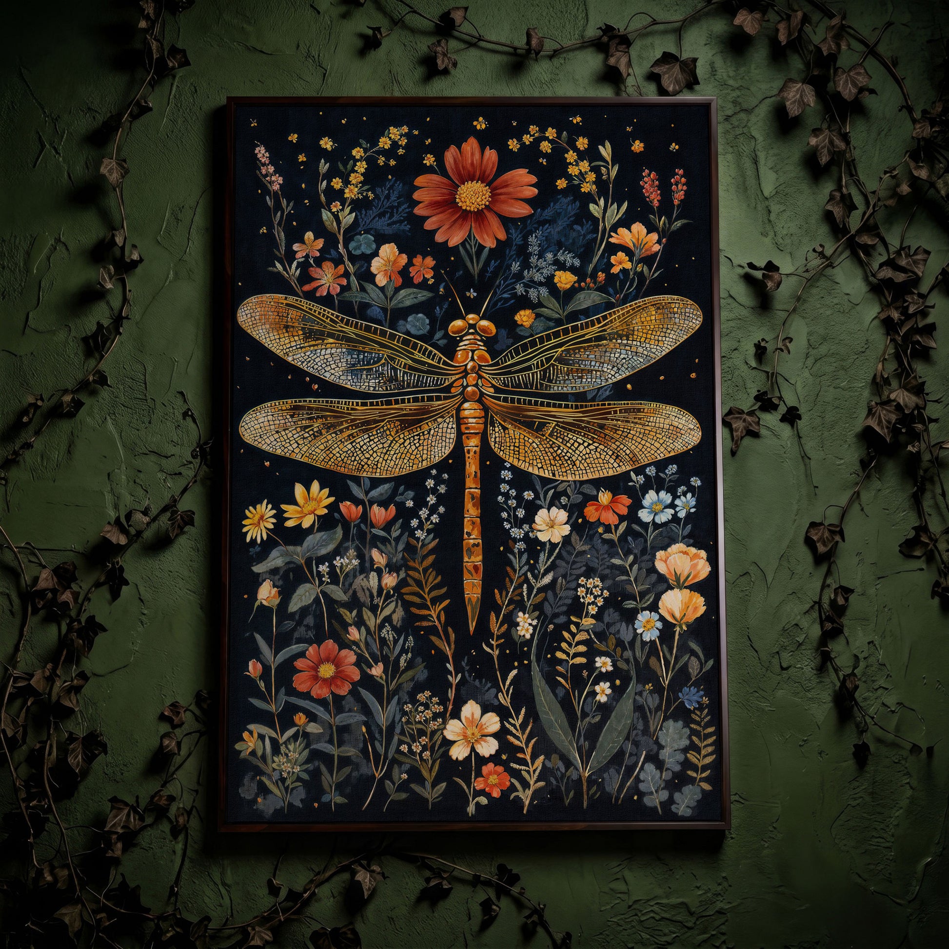 Vibrant Dragonfly Botanical Canvas in dark walnut floating frame