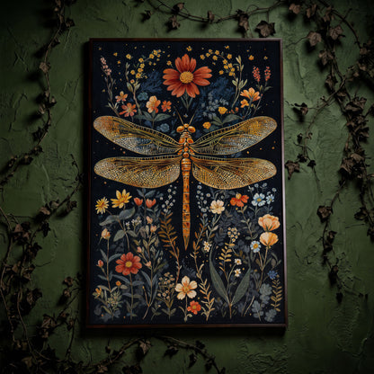 Vibrant Dragonfly Botanical Canvas in dark walnut floating frame