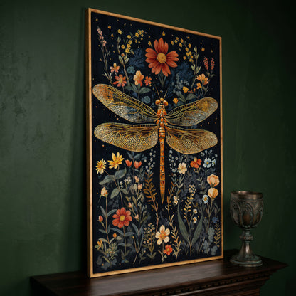 Vibrant Dragonfly Botanical Canvas in white oak floating frame