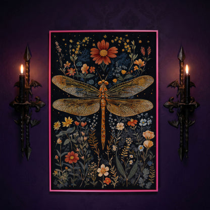 Vibrant Dragonfly Botanical Canvas in pink floating frame
