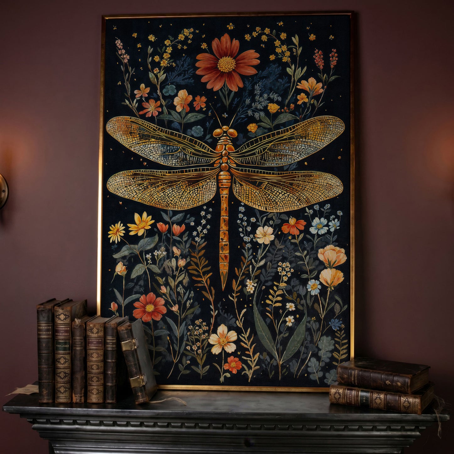 Vibrant Dragonfly Botanical Canvas in rose gold floating frame