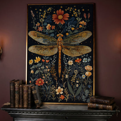 Vibrant Dragonfly Botanical Canvas in rose gold floating frame