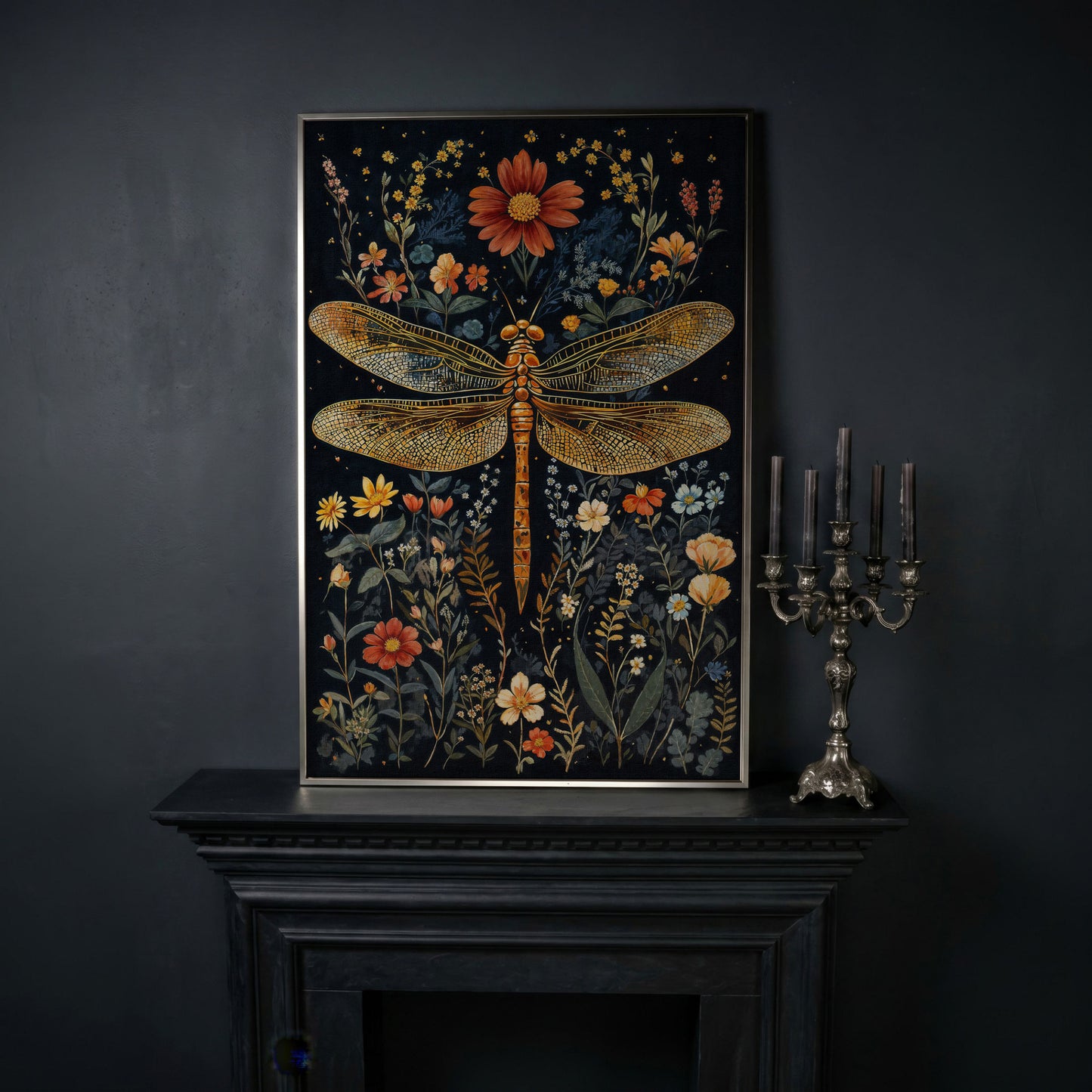 Vibrant Dragonfly Botanical Canvas in silver floating frame