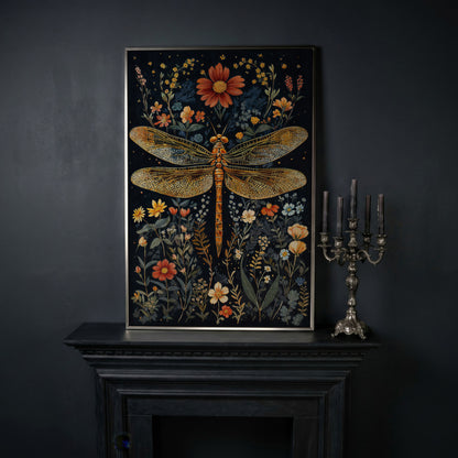 Vibrant Dragonfly Botanical Canvas in silver floating frame
