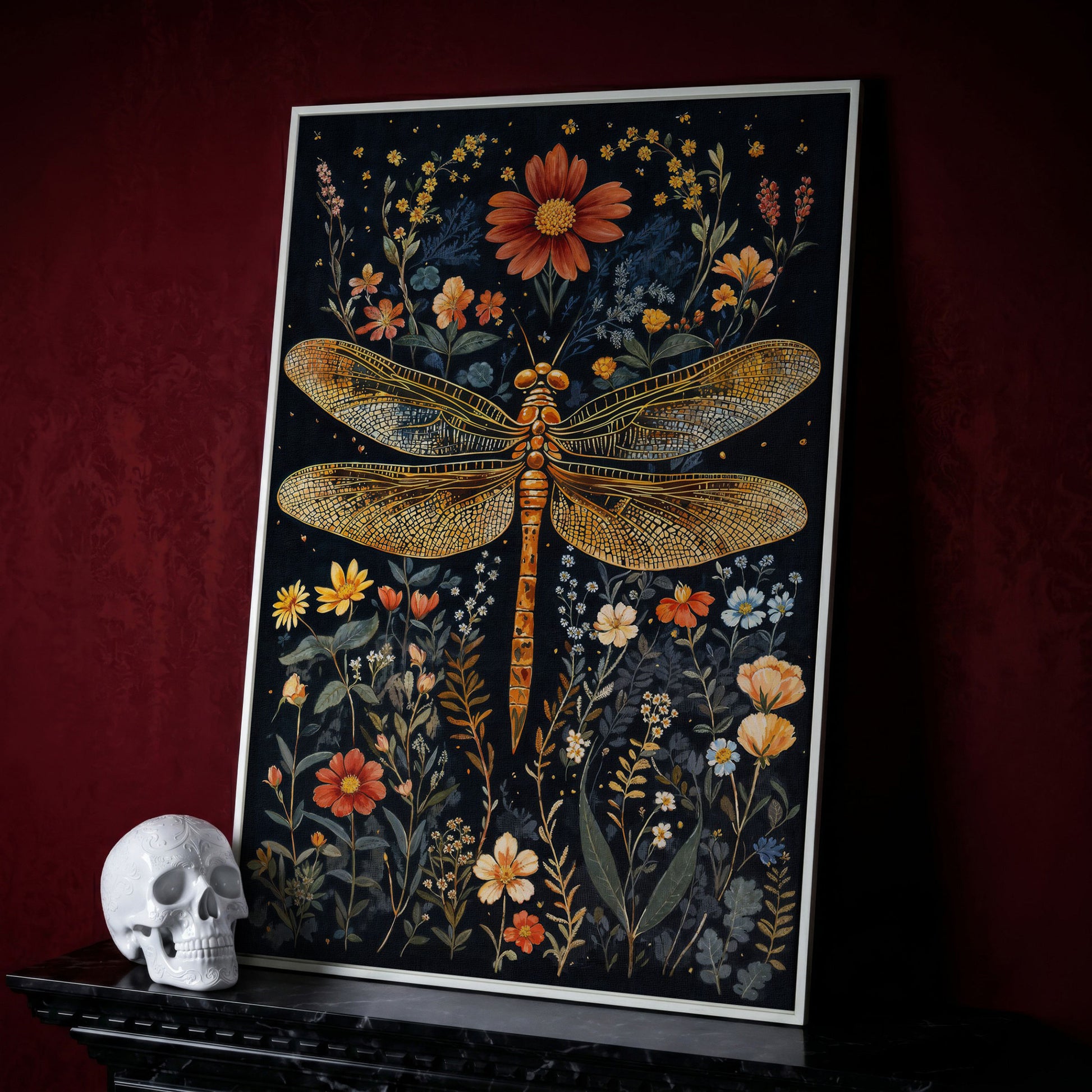 Vibrant Dragonfly Botanical Canvas in white floating frame