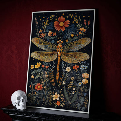 Vibrant Dragonfly Botanical Canvas in white floating frame