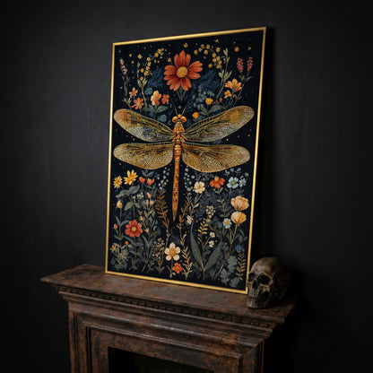 Vibrant Dragonfly Botanical Canvas in yellow gold floating frame