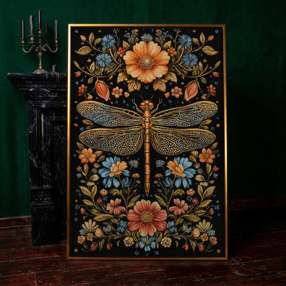 Dragonfly and Floral Canvas in antique gold floating frame