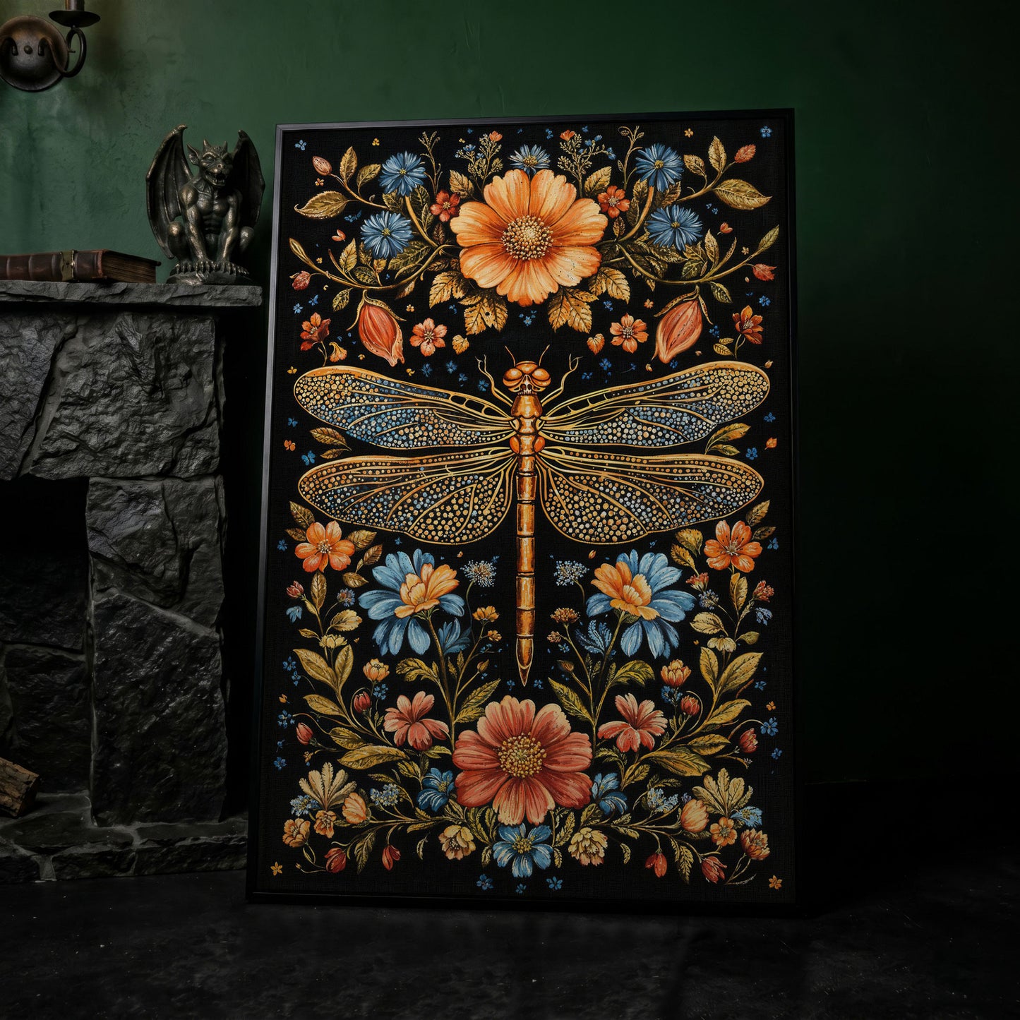 Dragonfly and Floral Canvas in black floating frame