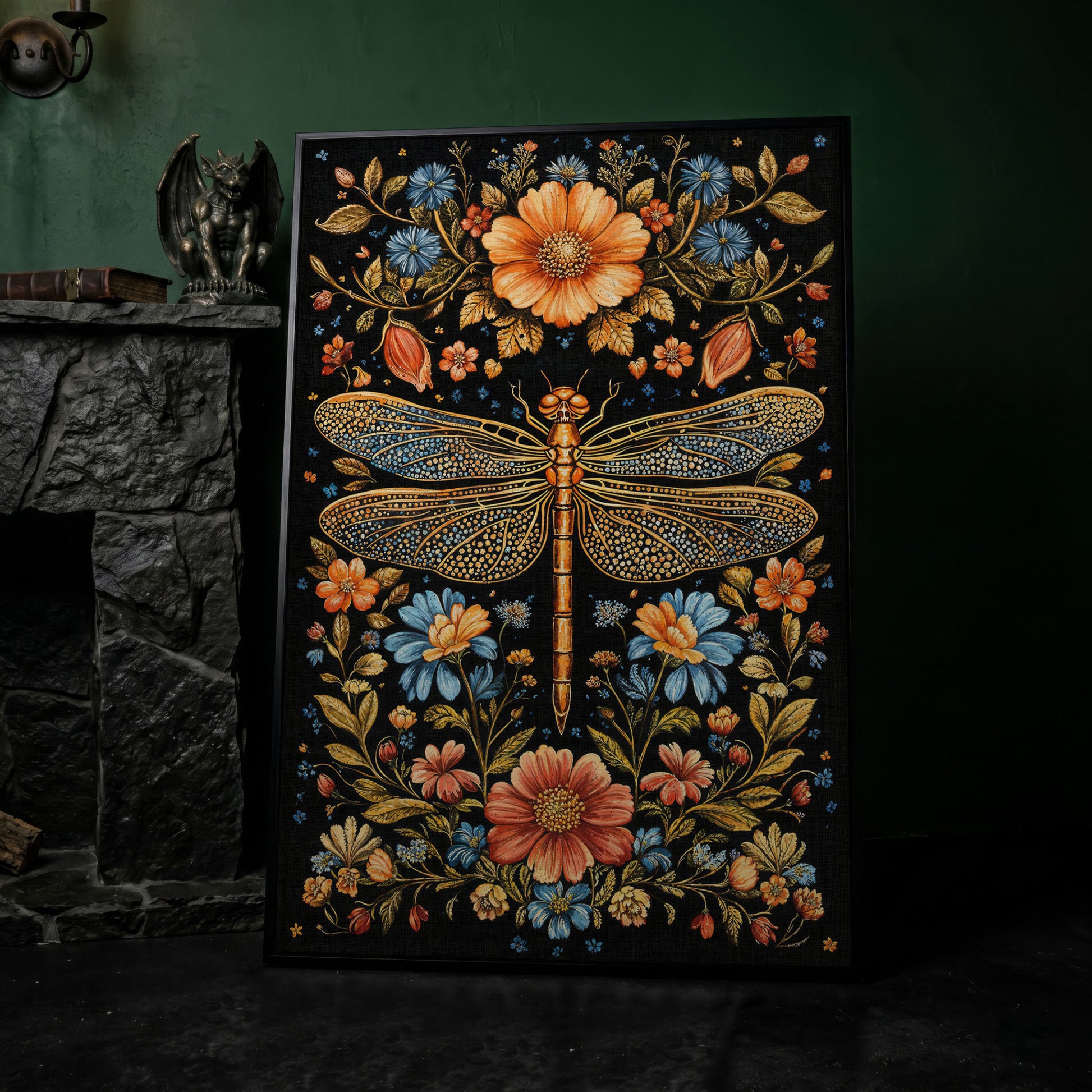 Dragonfly and Floral Canvas in black floating frame