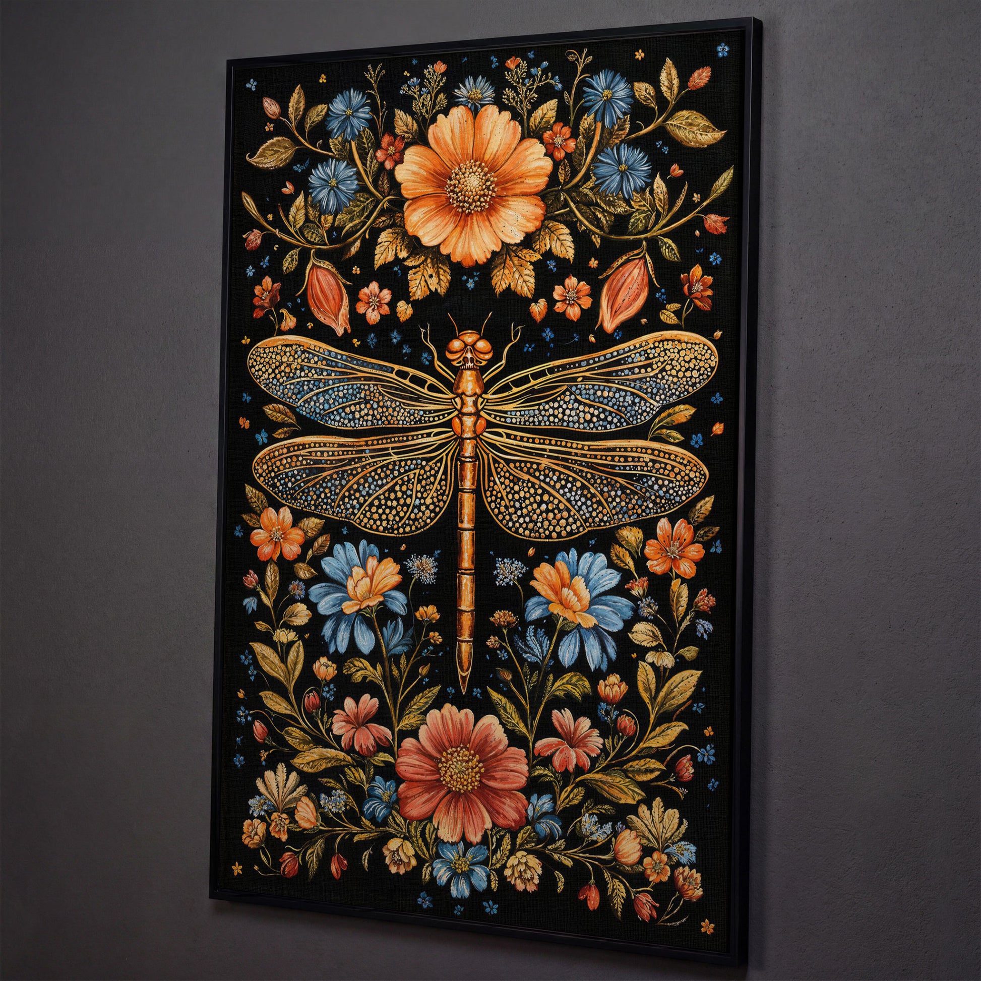 Dragonfly and Floral Canvas shown in black floating frame