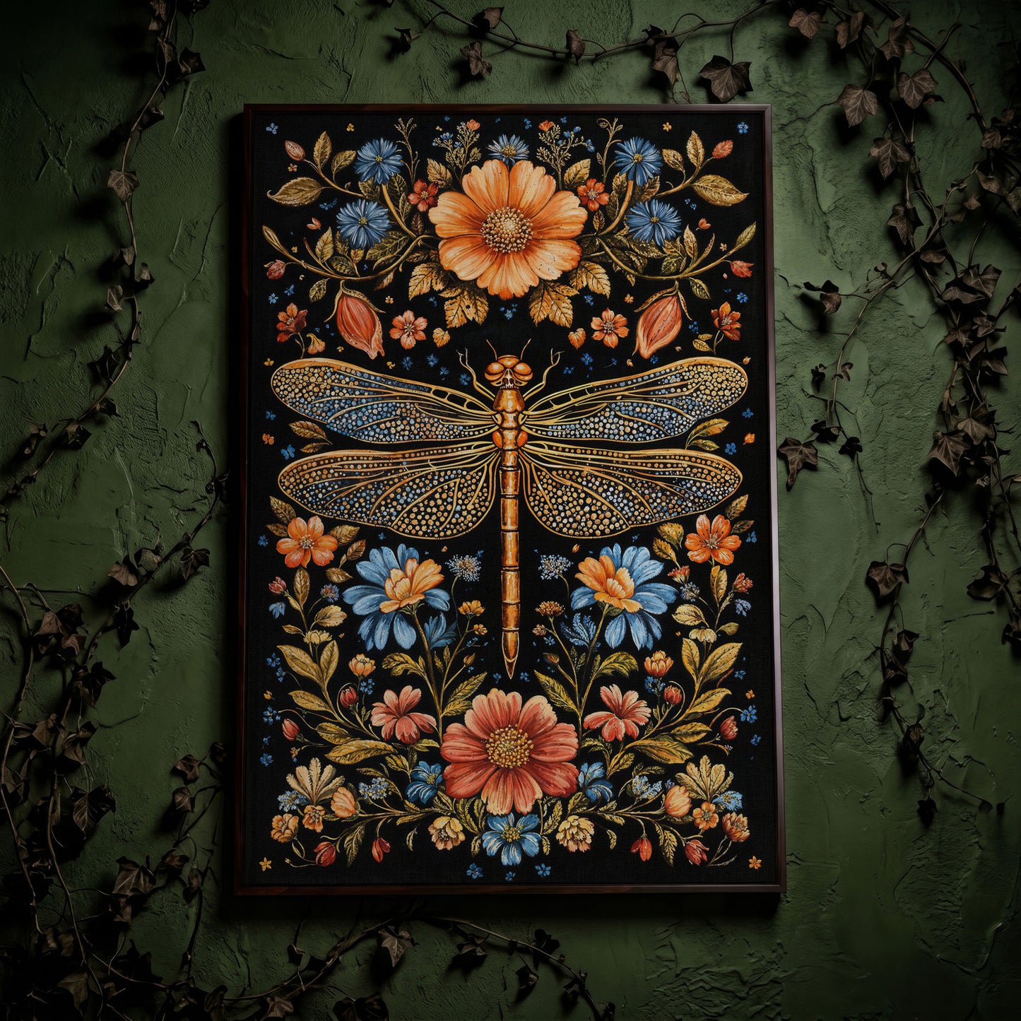Dragonfly and Floral Canvas in dark walnut floating frame