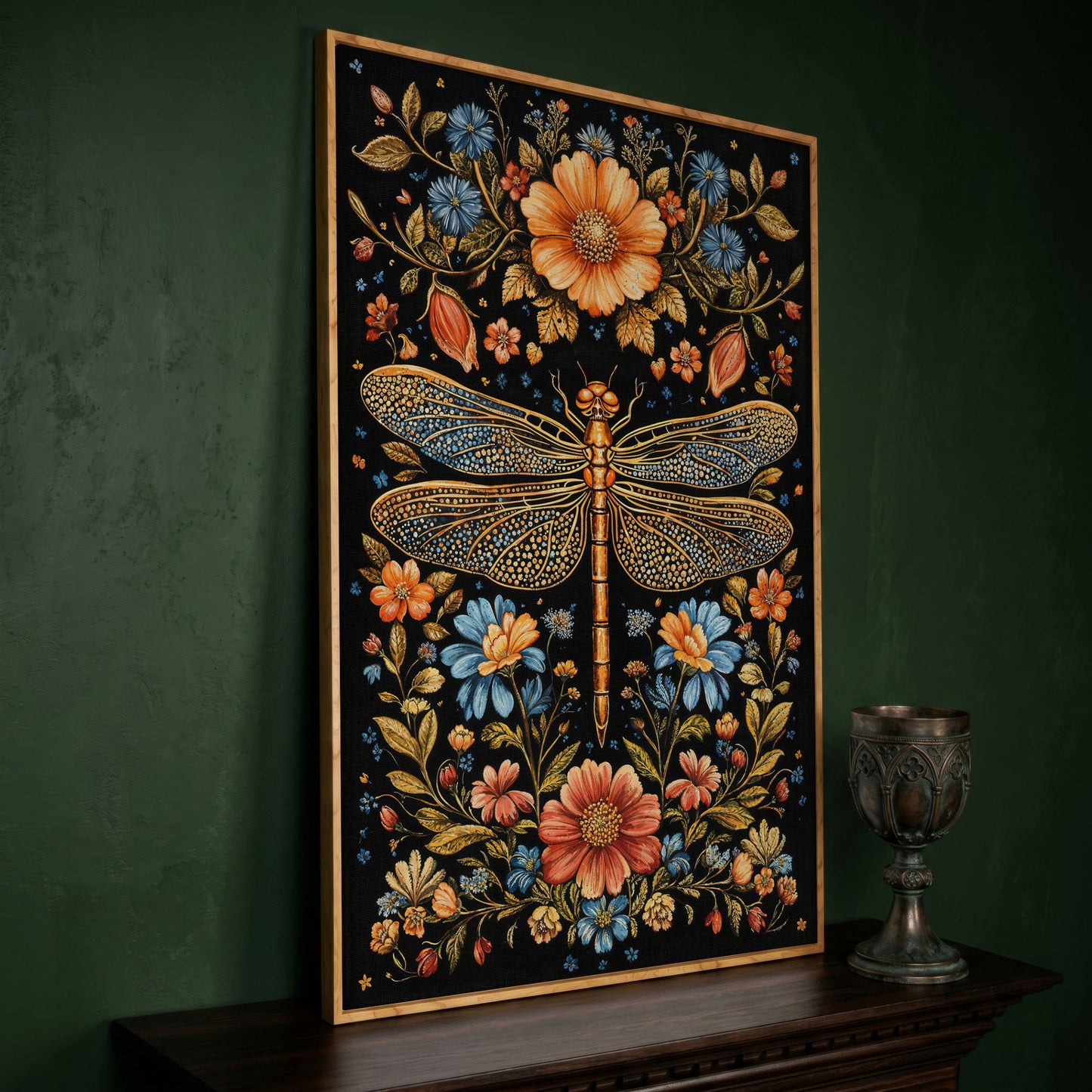 Dragonfly and Floral Canvas in white oak floating frame