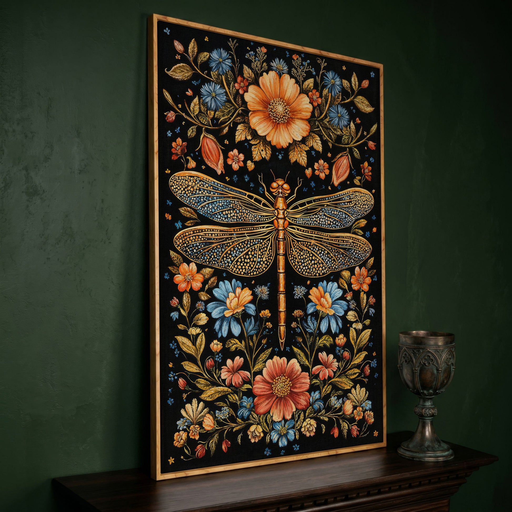 Dragonfly and Floral Canvas in white oak floating frame