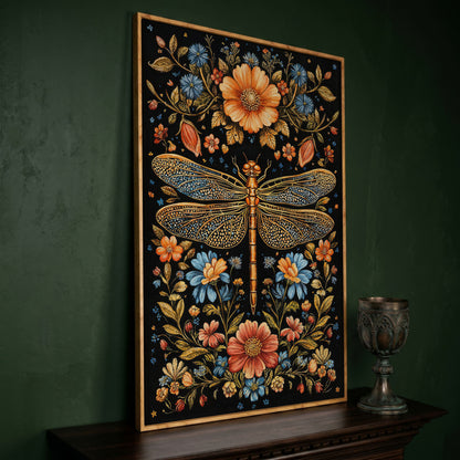 Dragonfly and Floral Canvas in white oak floating frame