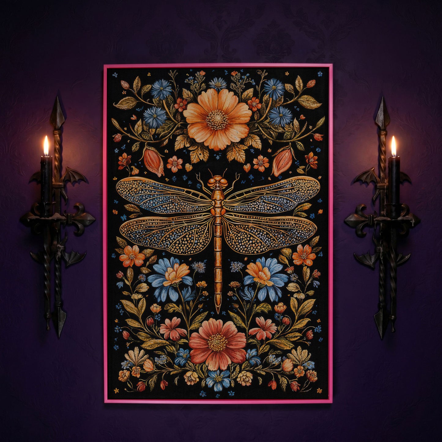 Dragonfly and Floral Canvas in pink floating frame