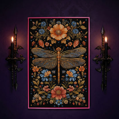 Dragonfly and Floral Canvas in pink floating frame