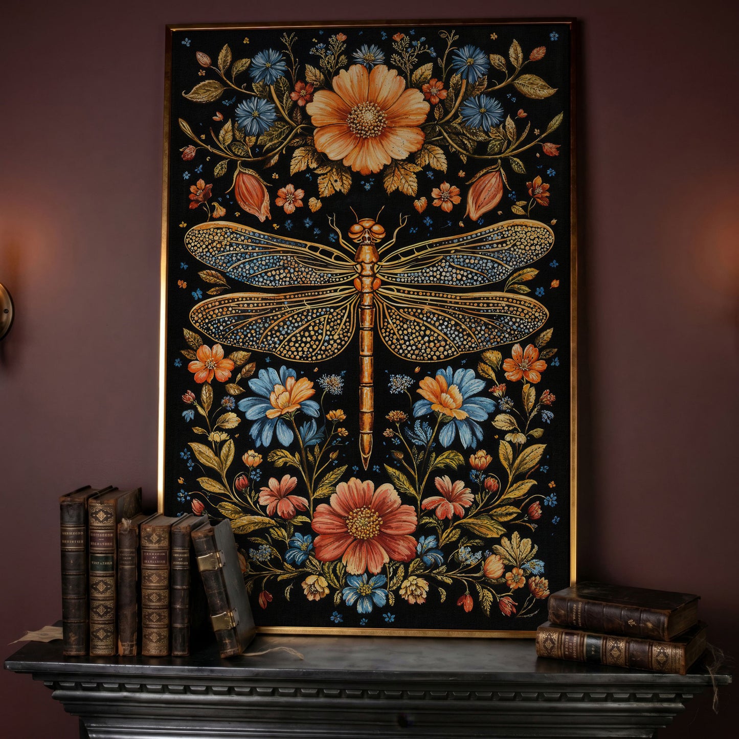 Dragonfly and Floral Canvas in rose gold floating frame