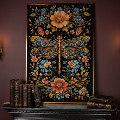 Dragonfly and Floral Canvas in rose gold floating frame