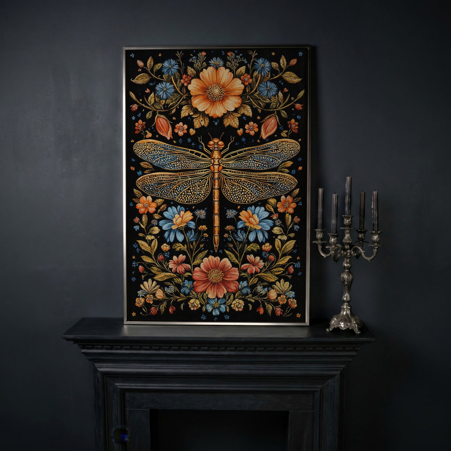 Dragonfly and Floral Canvas in silver floating frame