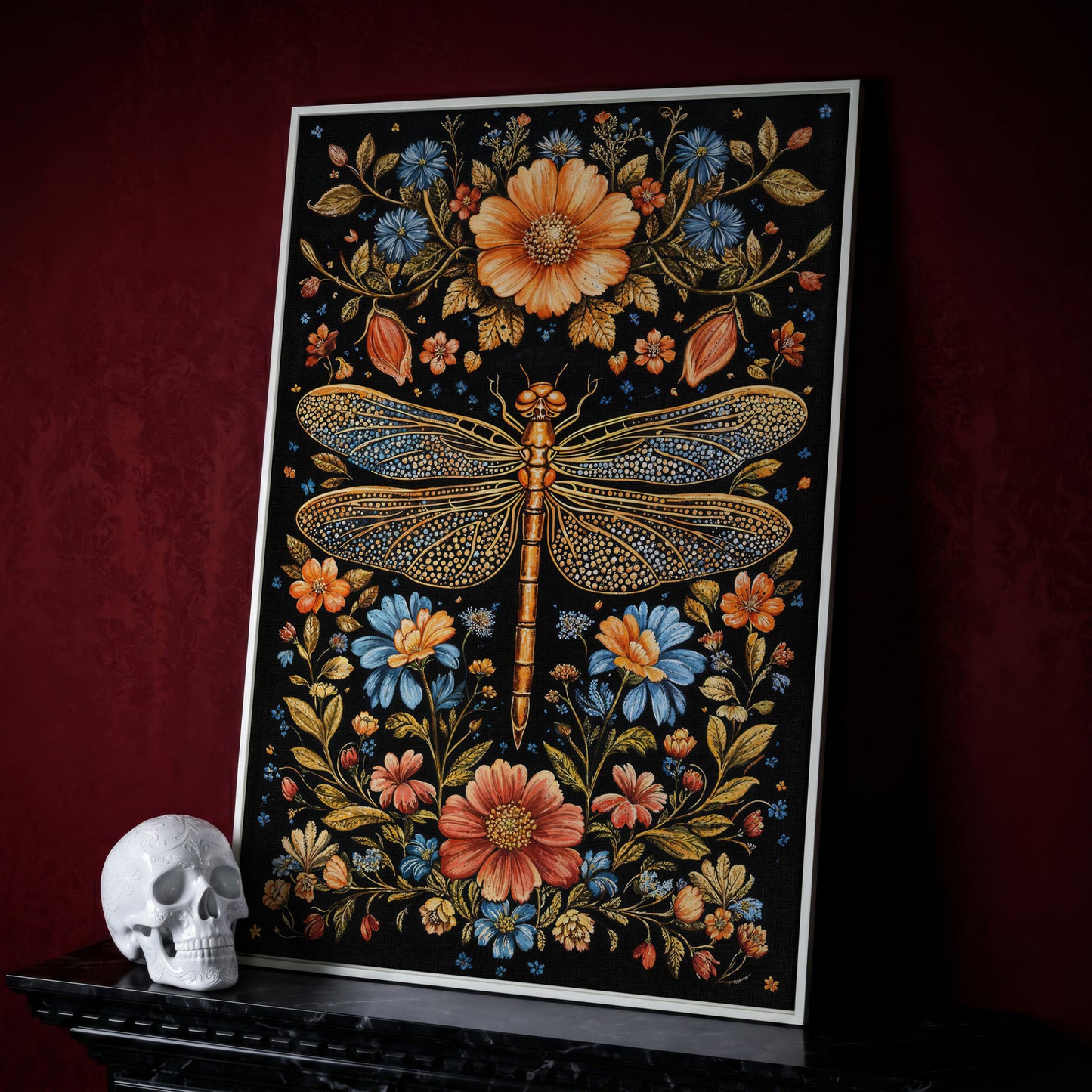 Dragonfly and Floral Canvas in white floating frame