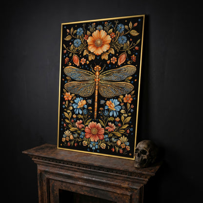 Dragonfly and Floral Canvas in yellow gold floating frame