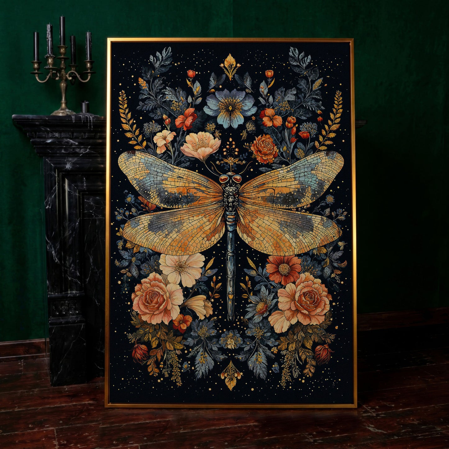 Dragonfly and Floral Botanical Canvas Art in antique gold floating frame
