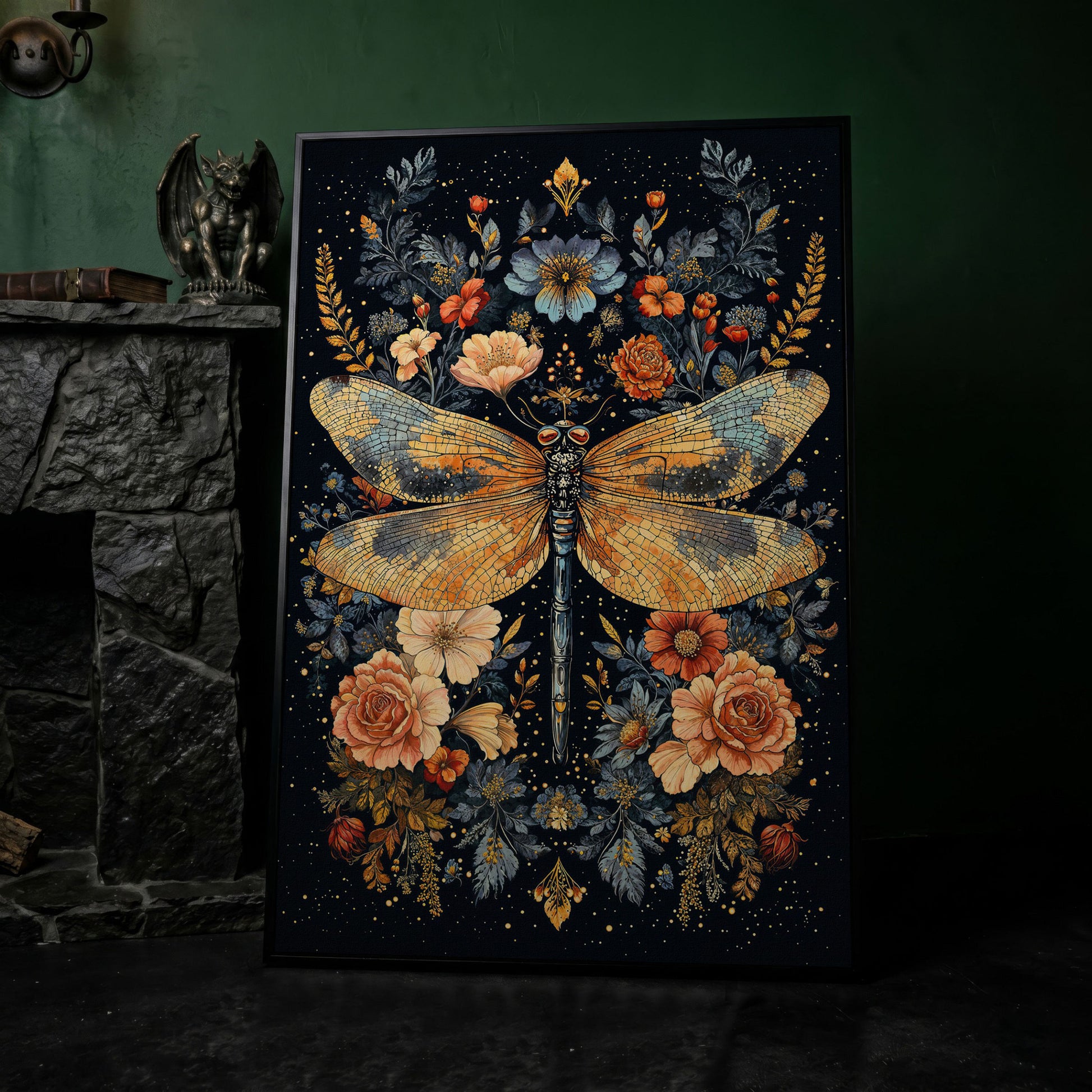 Dragonfly and Floral Botanical Canvas Art in black floating frame