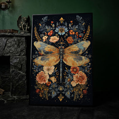 Dragonfly and Floral Botanical Canvas Art in black floating frame
