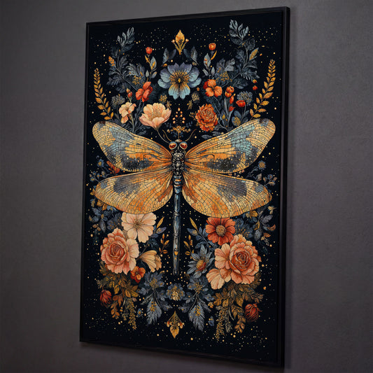 Dragonfly and Floral Botanical Canvas Art shown in black floating frame