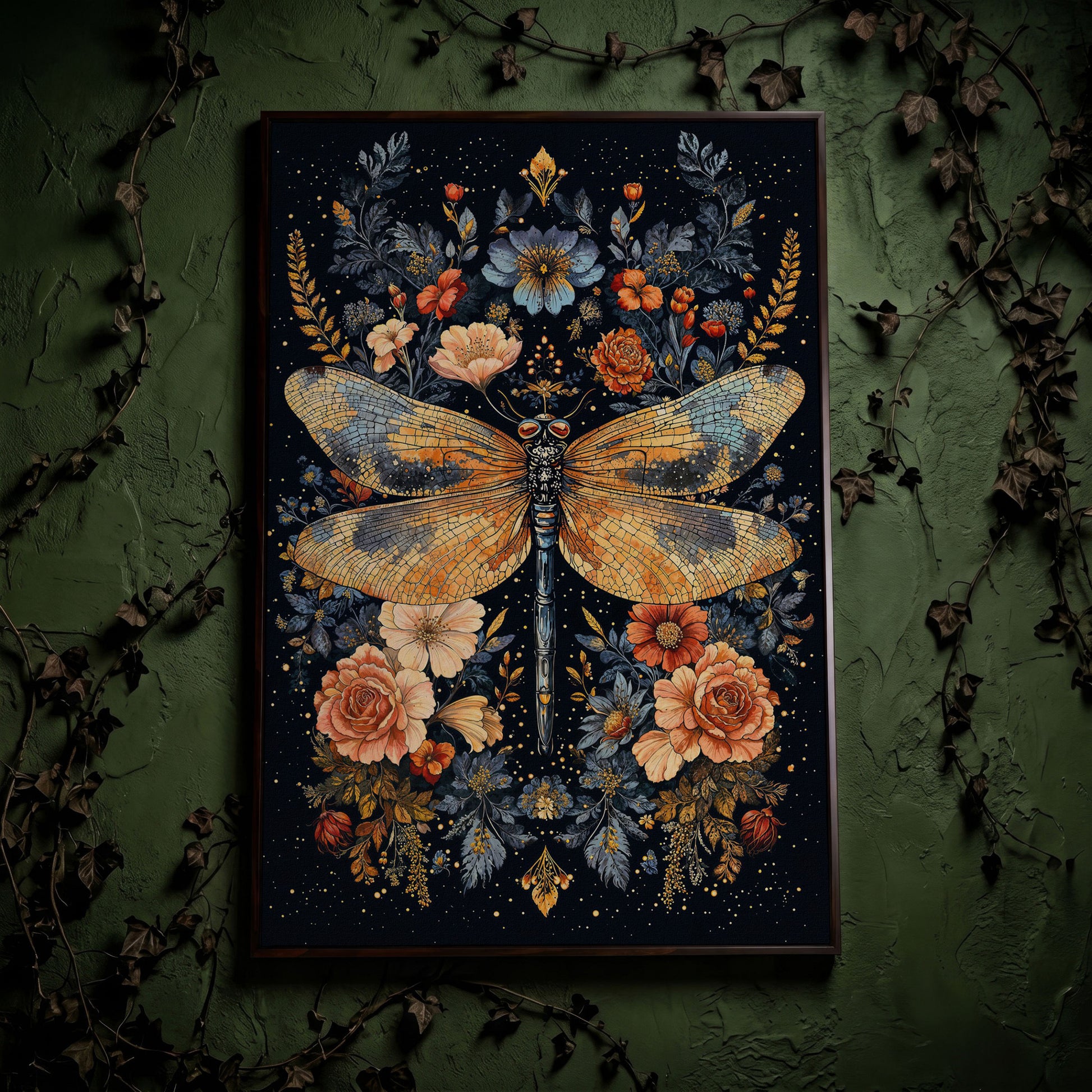 Dragonfly and Floral Botanical Canvas Art in dark walnut floating frame