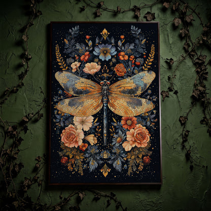 Dragonfly and Floral Botanical Canvas Art in dark walnut floating frame