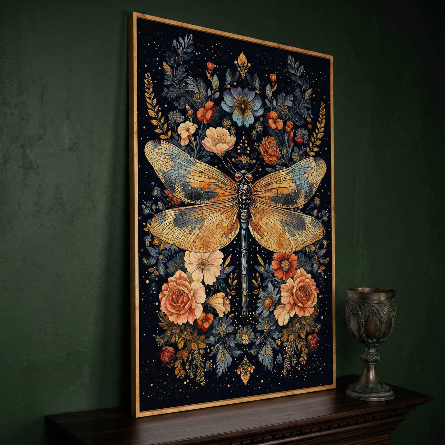 Dragonfly and Floral Botanical Canvas Art in white oak floating frame