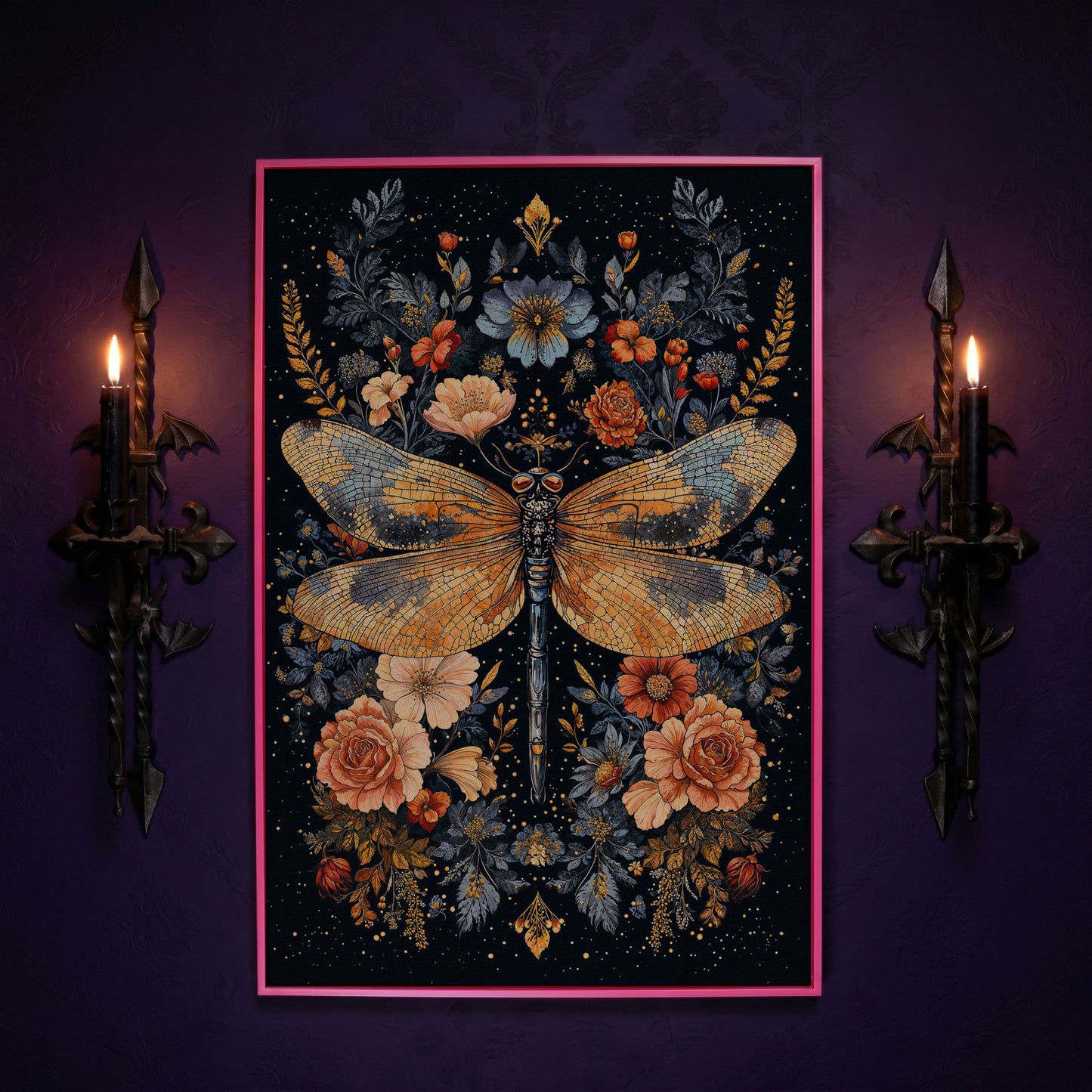 Dragonfly and Floral Botanical Canvas Art in pink floating frame